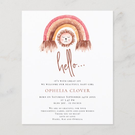 PAPIER | Boho Leuke Leeuw Regenboog Geboorte Aanko Flyer (Voorkant)