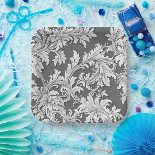 Papier Bord Damask Design Grijs Zwart & Wit (Feest)