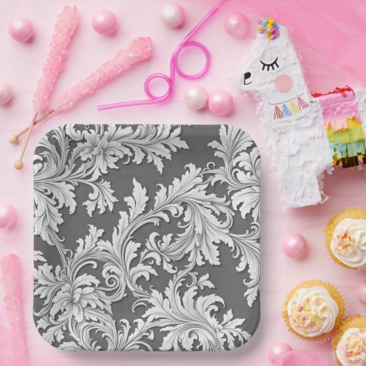 Papier Bord Damask Design Grijs Zwart & Wit (Feest)