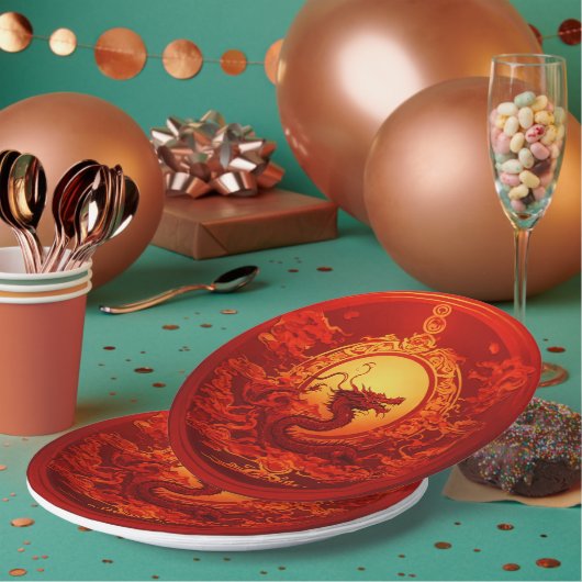 Papier bord rode kleur met draken ontwerp (Multi)