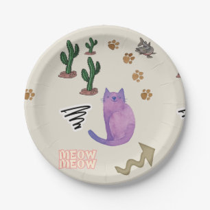 Papier Borden Kat Vis Meow Paws Cactus Papieren Bordje