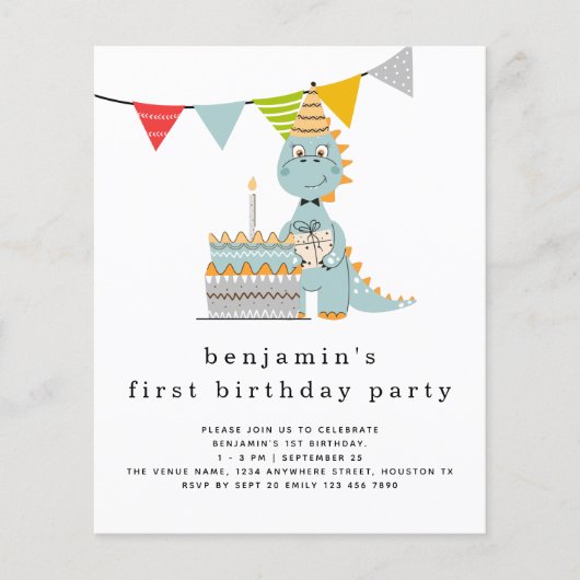 PAPIER | Cute Dinosaur Cake 1st Birthday Invitatio Flyer (Voorkant)
