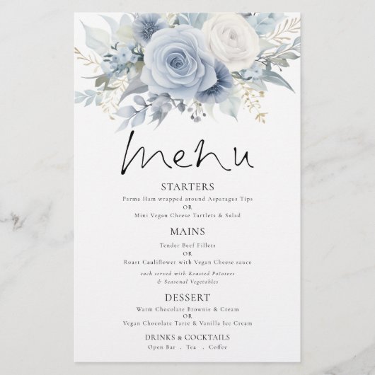 PAPIER | Dusty Blue Florals Bruiloft Menu (Voorkant)