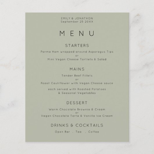 PAPIER | Eenvoudig Bleek Sage Green Wedding Menu (Voorkant)