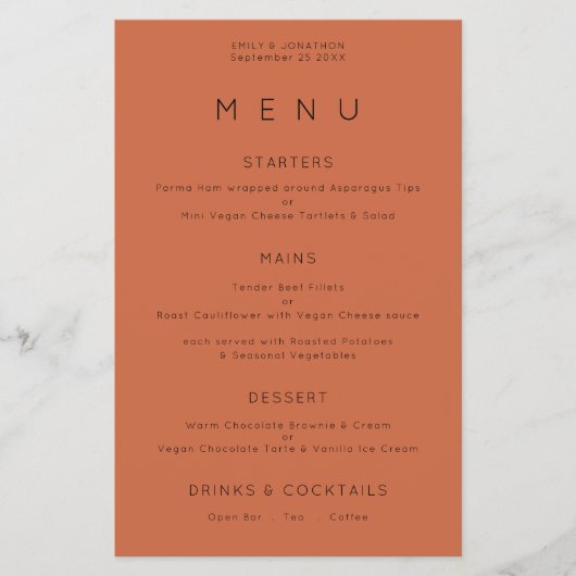 PAPIER | Eenvoudig menu Typografie Terracotta Wedd (Voorkant)