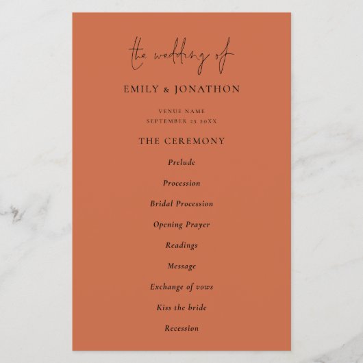 PAPIER | Elegant Text Terracotta Wedding Programme Flyer (Voorkant)