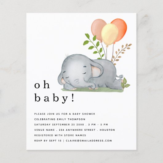 PAPIER Elephant Aslaageel Baby shower Uitnodigen Flyer (Voorkant)