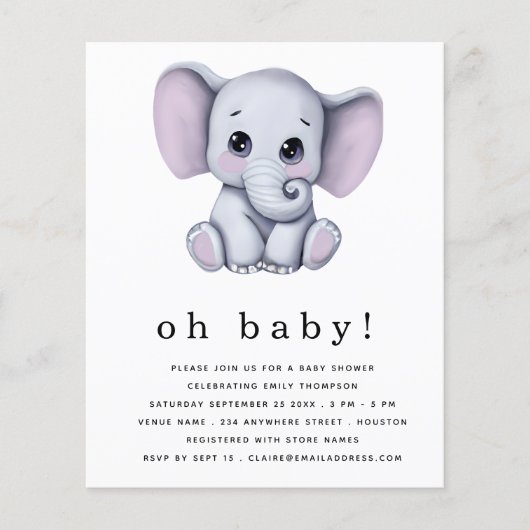 PAPIER Elephant Gender Neutraal Baby shower Uitnod Flyer (Voorkant)