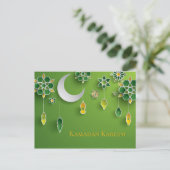 Papier gesneden ramadan lantaarns, maan, bloemen,  briefkaart (Staand voorkant)