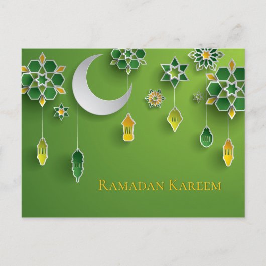 Papier gesneden ramadan lantaarns, maan, bloemen,  briefkaart (Voorkant)