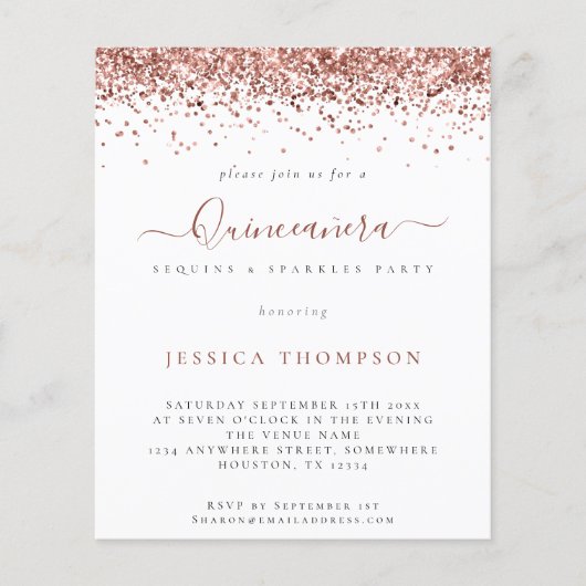PAPIER | Girly Roos Gold Glitter Quinceañera Invit Flyer (Voorkant)