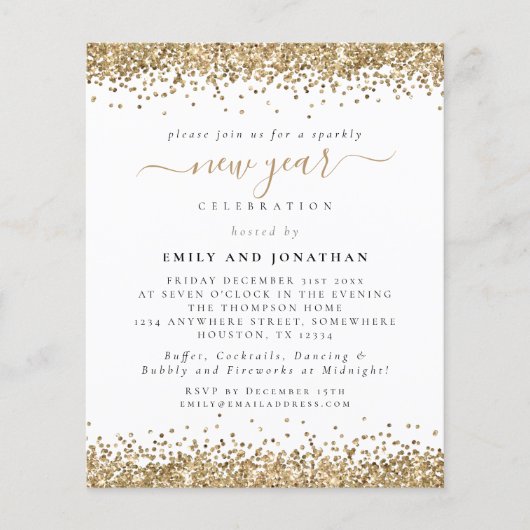PAPIER | Glam Gold Glitter New Year Eve Invite Flyer (Voorkant)