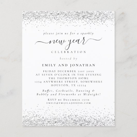 PAPIER | Glam Silver Glitter New Years Eve Invite Flyer (Voorkant)