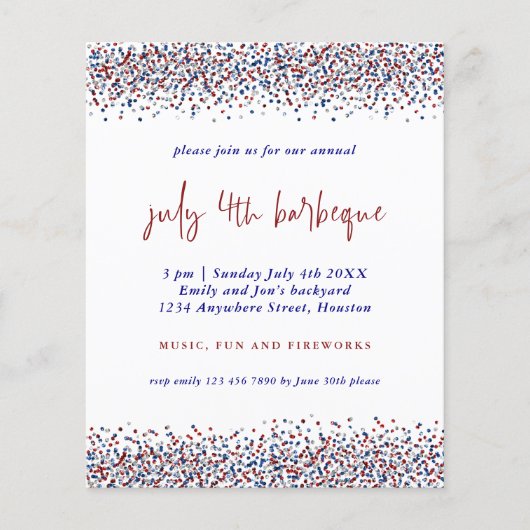 PAPIER | Glitter Red Blue White, 4 juli BBQ Uitnod Flyer (Voorkant)