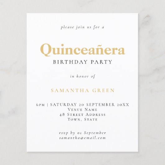 PAPIER Gold Black Text Quinceañera Birthday Invite Flyer (Voorkant)