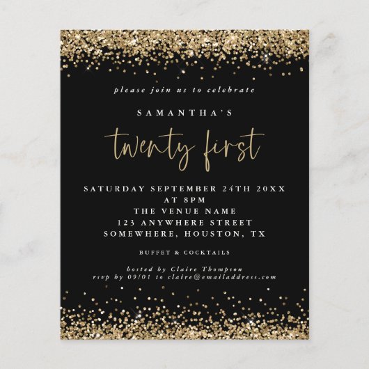 PAPIER | Gold Glitter 21st-uitnodiging voor zwarte Flyer (Voorkant)