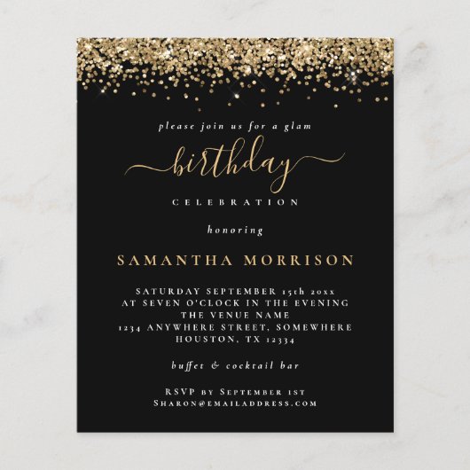 PAPIER | Gold Glitter Any Age Birthday Black Invit Flyer (Voorkant)
