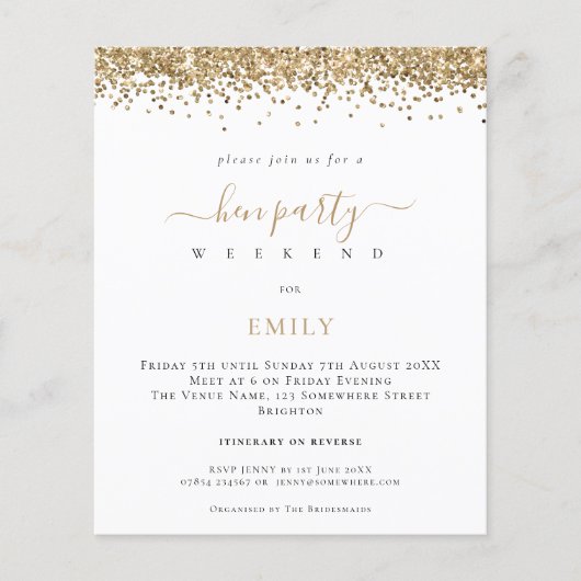 PAPIER | Gold Glitter Hen Weekend Itinerary Invite Flyer (Voorkant)