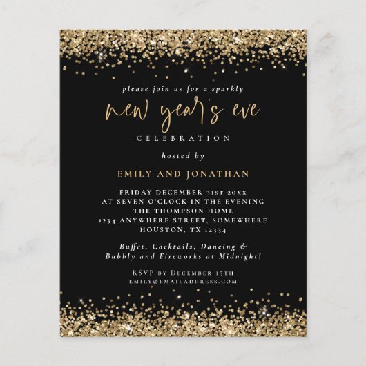 PAPIER | Gold Glitter New Years Eve Black Invite Flyer (Voorkant)