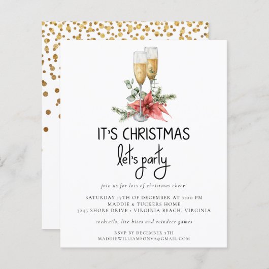 Papier | Gouden Confetti Champagne Let's Party Inv (Voorkant / Achterkant)