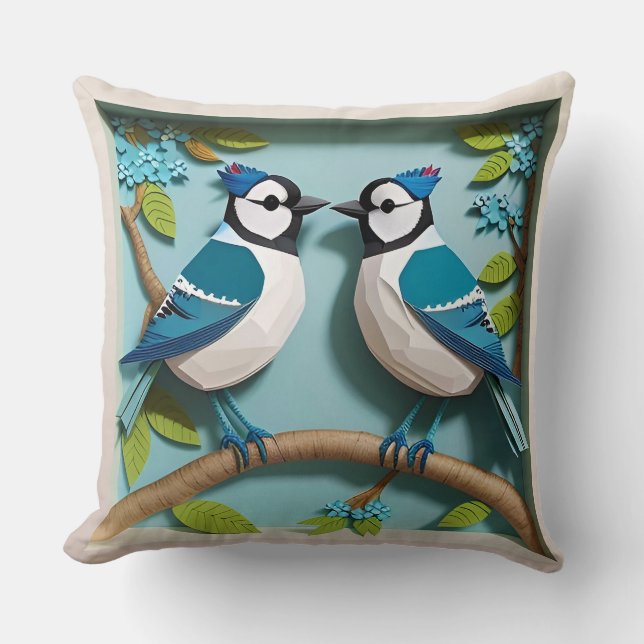 🕊️ Papier Kunst Blauwe Gaai Vogel Liefhebber Cade Kussen (Voorkant)