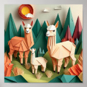Papier Kunst Origami Alpaca's Scene 3D Poster (Voorkant)