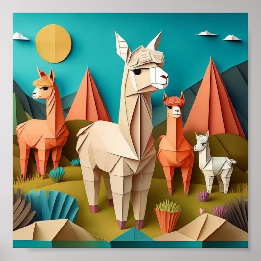 Papier Kunst Origami Alpaca's Scene 3D Poster (Voorkant)