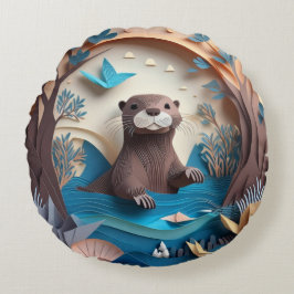 Papier Kunst Origami Otter in Water 3D Rond Kussen