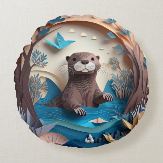 Papier Kunst Origami Otter in Water 3D Rond Kussen (Voorkant)