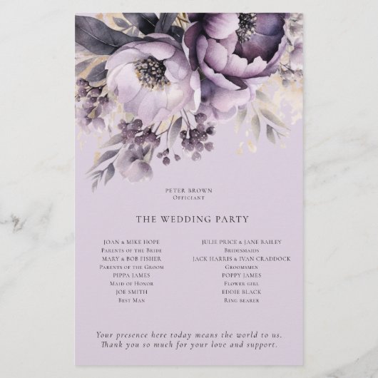 PAPIER Lila Paarse Bloemen Trouwprogramma Flyer (Achterkant)