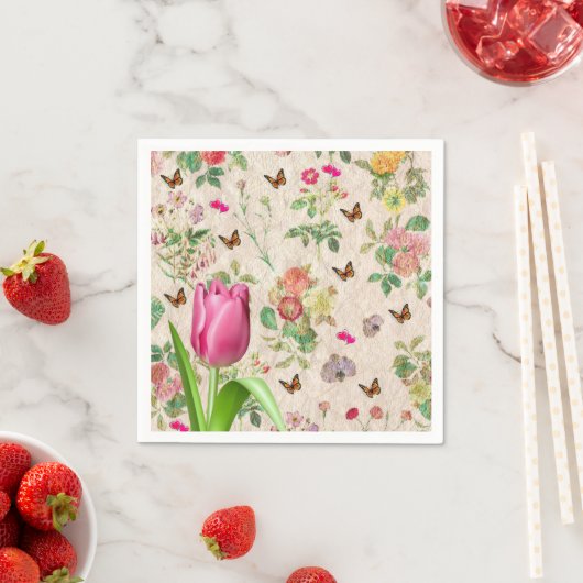 Papier luiers, roze Tulp Floral Hearts Butterfly Servet (Insitu)