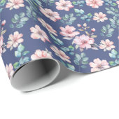 Papier met roze bloemen weide marineblauw inpakpap (Rol Hoek)