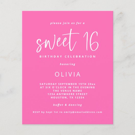 PAPIER Modern Heet Roze Zoet 16 Verjaardag Uitnodi Flyer (Voorkant)