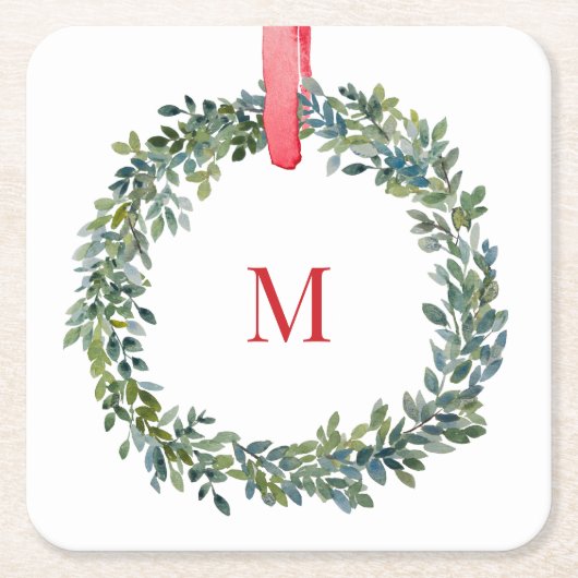 Papier Monogram Kerst Waterverf Onderzetter (Voorkant)