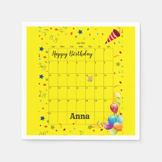 Papier Napkins, Happy Birthday, juli 2022 Geel Servet (Voorkant)