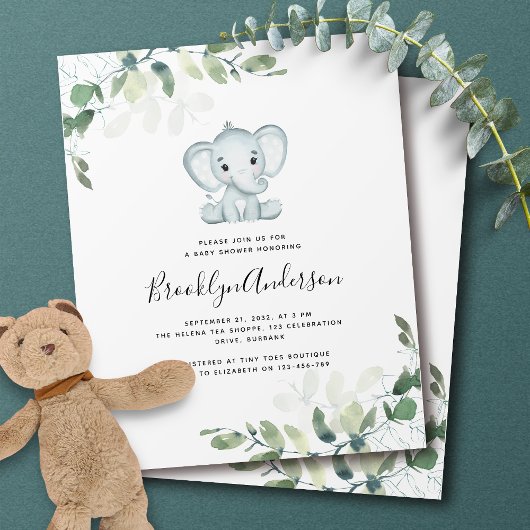 Papier Olifant Eucalyptus Baby Shower Uitnodiging Flyer