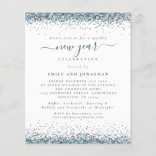 PAPIER | Peacock Blue Glitter New Year Eve Invite Flyer (Voorkant)