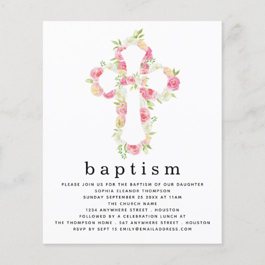 PAPIER Pink Florals Cross Baptisme Invitation Flyer (Voorkant)