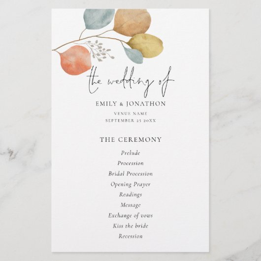 PAPIER | Programma Trendy Waterverf Leaves Wedding Flyer (Voorkant)