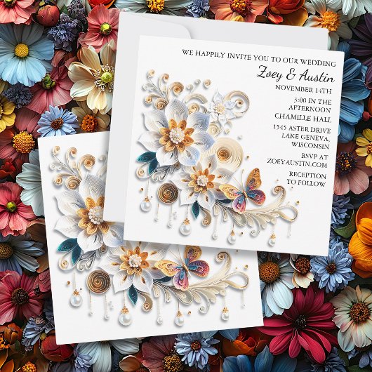 Papier Quilling bloemen en vlinder bruiloft Kaart