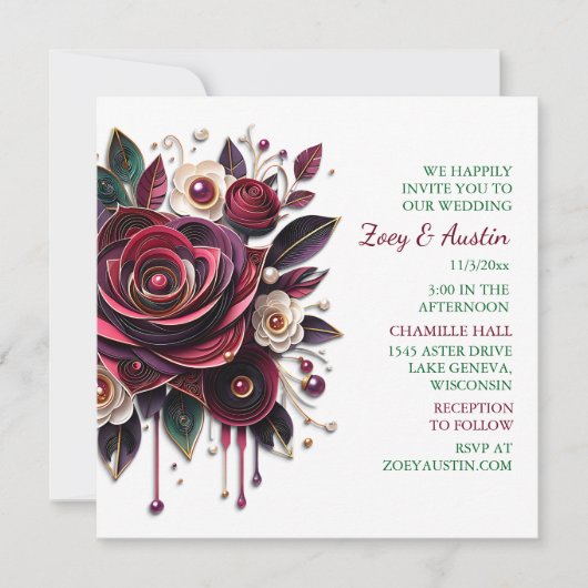 Papier Quilling Bourgondische Rozen en parels Kaart (Voorkant)