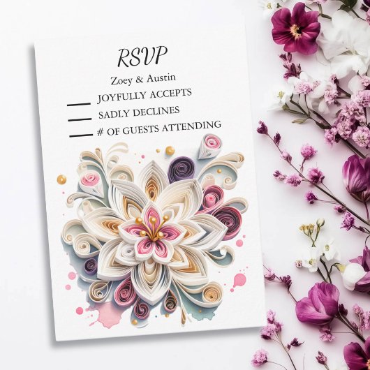 Papier Quilling Flowers Wedding RSVP Kaart