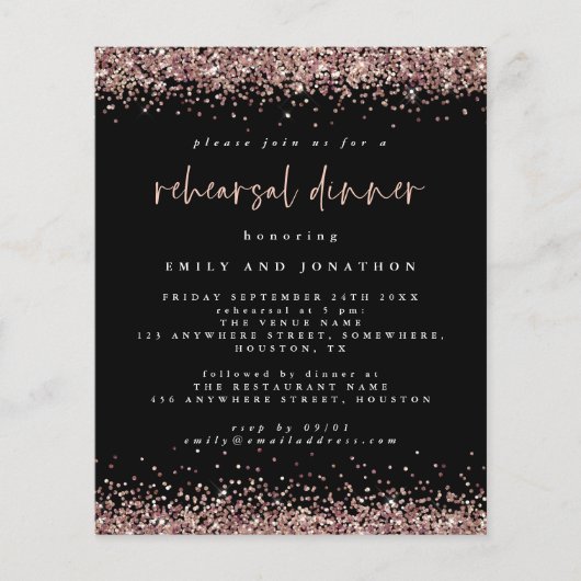 PAPIER | Roos Glitter Black Rehearsal Dinner Invit Flyer (Voorkant)