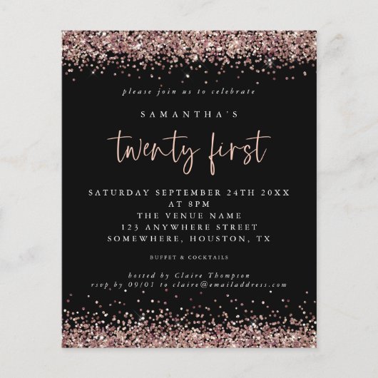 PAPIER | Roos Gold Glitter Black 21st Party Invite Flyer (Voorkant)