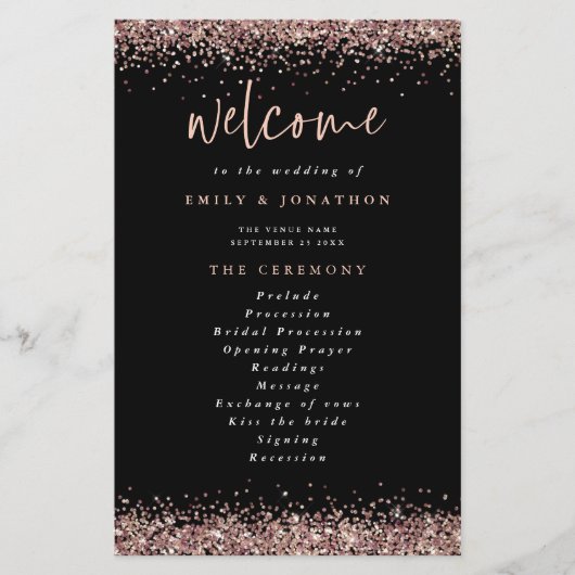 PAPIER | Roos Gold Glitter Black Wedding Programme Flyer (Voorkant)