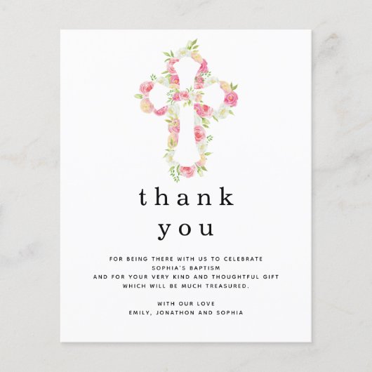 PAPIER | Roze Florals Cross Baptisme Hartelijk dan Flyer (Voorkant)