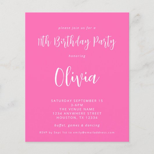 PAPIER | Script Hot Pink 11th Birthday Party Flyer (Voorkant)
