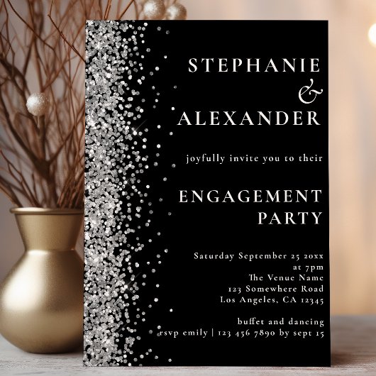 PAPIER | Silver Glitter Engagement Party Black Flyer