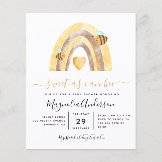 PAPIER Sweet as Can Bee Baby shower Invitation Flyer (Voorkant)