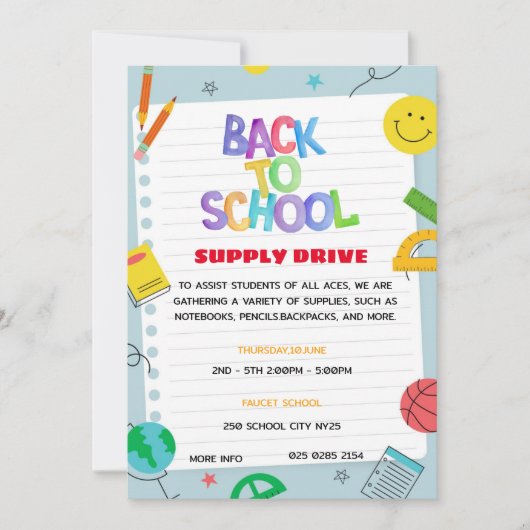 Papier Terug naar School Supply Drive Fundraiser F Kaart (Voorkant)